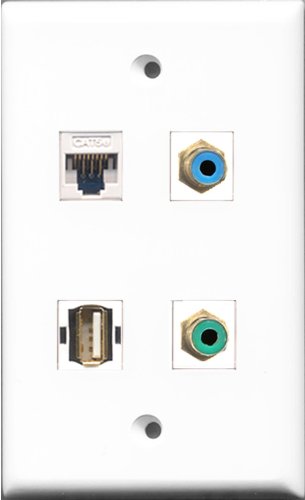 RiteAV 1 Port RCA Green and 1 Port RCA Blue and 1 Port USB A-A and 1 Port Cat5e Ethernet White Wall Plate