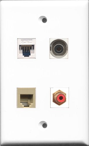RiteAV - 1 Port RCA Red and 1 Port Phone RJ11 RJ12 Beige and 1 Port 3.5mm and 1 Port Cat5e Ethernet White Wall Plate