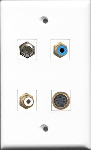RiteAV 1 Port RCA White and 1 Port RCA Blue and 1 Port Coax Cable TV- F-Type and 1 Port S-Video Wall Plate