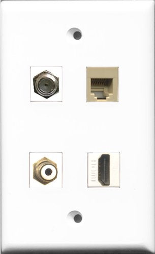 RiteAV 1 Port HDMI and 1 Port RCA White and 1 Port Coax Cable TV- F-Type and 1 Port Phone RJ11 RJ12 Beige Wall Plate