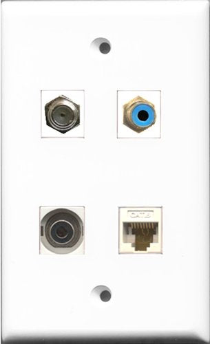 RiteAV 1 Port RCA Blue and 1 Port Coax Cable TV- F-Type and 1 Port 3.5mm and 1 Port Cat6 Ethernet White Wall Plate