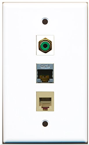 RiteAV - 1 Port RCA Green and 1 Port Phone RJ11 RJ12 Beige and 1 Port Shielded Cat6 Ethernet Wall Plate