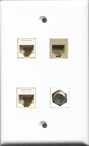 RiteAV 1 Port Coax Cable TV- F-Type and 1 Port Phone RJ11 RJ12 Beige 2 Port Cat6 Ethernet White Wall Plate