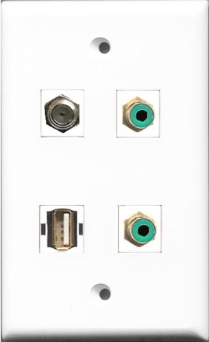 RiteAV - 2 Port RCA Green and 1 Port Coax Cable TV- F-Type and 1 Port USB A-A Wall Plate