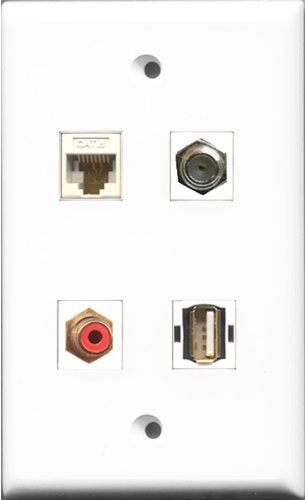 RiteAV 1 Port RCA Red and 1 Port Coax Cable TV- F-Type and 1 Port USB A-A and 1 Port Cat6 Ethernet White Wall Plate