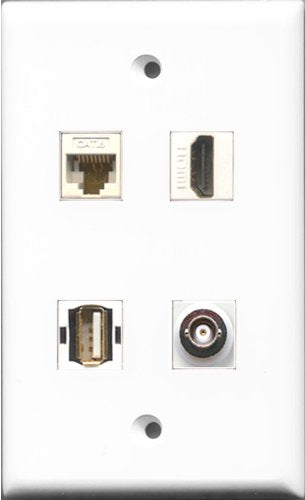 RiteAV 1 Port HDMI and 1 Port USB A-A and 1 Port BNC and 1 Port Cat6 Ethernet White Wall Plate