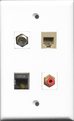 RiteAV 1 Port RCA Red and 1 Port Coax Cable TV- F-Type and 1 Port Phone RJ11 RJ12 Beige and 1 Port Shielded Cat6 Ethernet Wall Plate