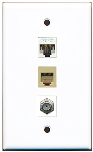 RiteAV - 1 Port Coax Cable TV- F-Type and 1 Port Phone RJ11 RJ12 Beige and 1 Port Cat5e Ethernet White Wall Plate