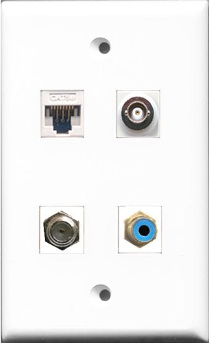 RiteAV - 1 Port RCA Blue and 1 Port Coax Cable TV- F-Type and 1 Port BNC and 1 Port Cat5e Ethernet White Wall Plate