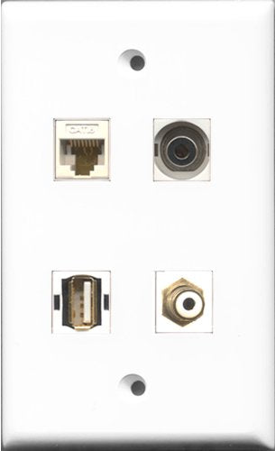 RiteAV 1 Port RCA White and 1 Port USB A-A and 1 Port 3.5mm and 1 Port Cat6 Ethernet White Wall Plate