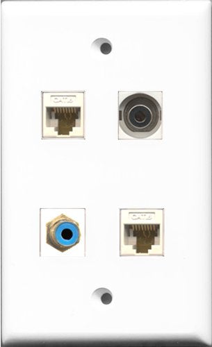 RiteAV 1 Port RCA Blue and 1 Port 3.5mm 2 Port Cat6 Ethernet White Wall Plate