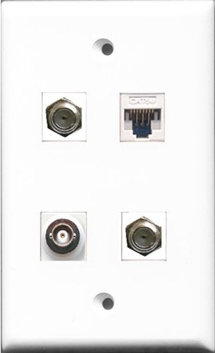RiteAV - 2 Port Coax Cable TV- F-Type and 1 Port BNC and 1 Port Cat5e Ethernet White Wall Plate