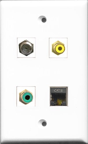 RiteAV 1 Port RCA Yellow and 1 Port RCA Green and 1 Port Coax Cable TV- F-Type and 1 Port Shielded Cat6 Ethernet Wall Plate