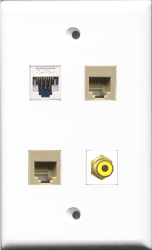 RiteAV 1 Port RCA Yellow 2 Port Phone RJ11 RJ12 Beige and 1 Port Cat5e Ethernet White Wall Plate