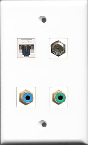 RiteAV - 1 Port RCA Green and 1 Port RCA Blue and 1 Port Coax Cable TV- F-Type and 1 Port Cat5e Ethernet White Wall Plate