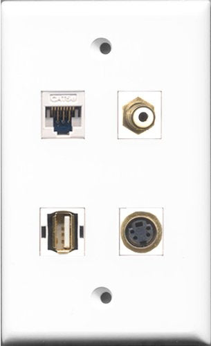 RiteAV 1 Port RCA White and 1 Port USB A-A and 1 Port S-Video and 1 Port Cat5e Ethernet White Wall Plate
