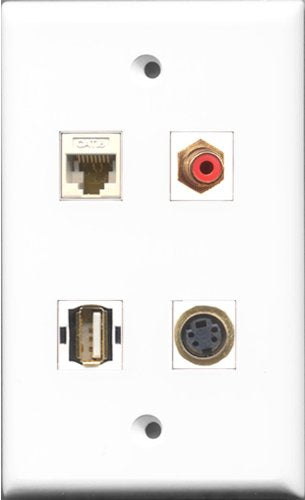 RiteAV 1 Port RCA Red and 1 Port USB A-A and 1 Port S-Video and 1 Port Cat6 Ethernet White Wall Plate