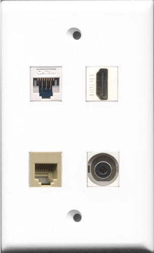 RiteAV - 1 Port HDMI and 1 Port Phone RJ11 RJ12 Beige and 1 Port 3.5mm and 1 Port Cat5e Ethernet White Wall Plate