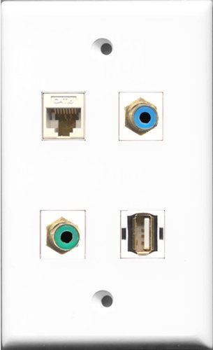 RiteAV 1 Port RCA Green and 1 Port RCA Blue and 1 Port USB A-A and 1 Port Cat6 Ethernet White Wall Plate