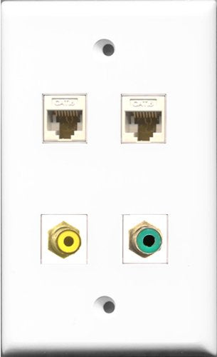 RiteAV 1 Port RCA Yellow and 1 Port RCA Green 2 Port Cat6 Ethernet White Wall Plate