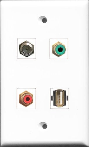 RiteAV 1 Port RCA Red and 1 Port RCA Green and 1 Port Coax Cable TV- F-Type and 1 Port USB A-A Wall Plate