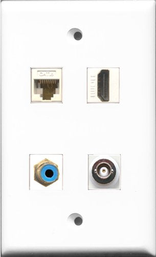 RiteAV 1 Port HDMI and 1 Port RCA Blue and 1 Port BNC and 1 Port Cat6 Ethernet White Wall Plate