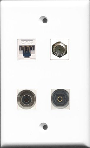 RiteAV - 1 Port Coax Cable TV- F-Type and 1 Port Toslink and 1 Port 3.5mm and 1 Port Cat5e Ethernet White Wall Plate