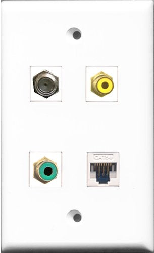 RiteAV 1 Port RCA Yellow and 1 Port RCA Green and 1 Port Coax Cable TV- F-Type and 1 Port Cat5e Ethernet White Wall Plate