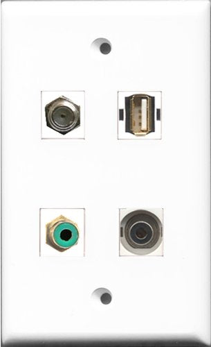 RiteAV 1 Port RCA Green and 1 Port Coax Cable TV- F-Type and 1 Port USB A-A and 1 Port 3.5mm Wall Plate