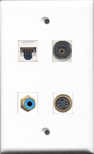 RiteAV 1 Port RCA Blue and 1 Port S-Video and 1 Port Toslink and 1 Port Cat5e Ethernet White Wall Plate