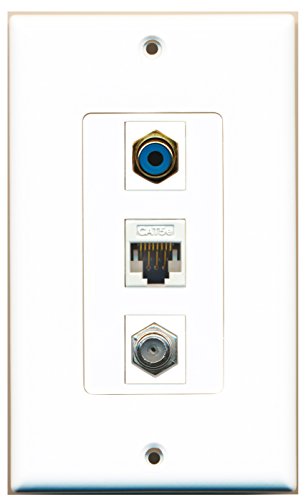 RiteAV - 1 Port RCA Blue and 1 Port Coax Cable TV- F-Type and 1 Port Cat5e Ethernet White Decorative Wall Plate