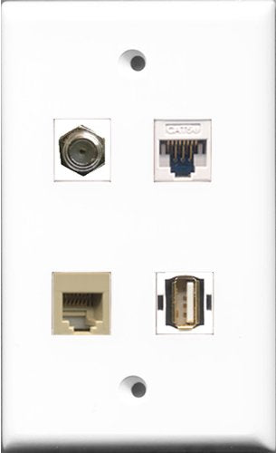 RiteAV 1 Port Coax Cable TV- F-Type and 1 Port USB A-A and 1 Port Phone RJ11 RJ12 Beige and 1 Port Cat5e Ethernet White Wall Plate