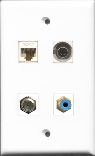 RiteAV 1 Port RCA Blue and 1 Port Coax Cable TV- F-Type and 1 Port 3.5mm and 1 Port Cat6 Ethernet White Wall Plate
