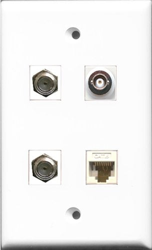 RiteAV - 2 Port Coax Cable TV- F-Type and 1 Port BNC and 1 Port Cat6 Ethernet White Wall Plate