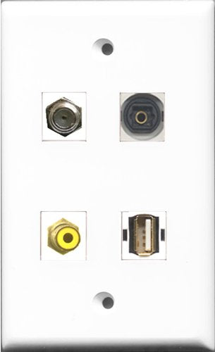 RiteAV 1 Port RCA Yellow and 1 Port Coax Cable TV- F-Type and 1 Port USB A-A and 1 Port Toslink Wall Plate
