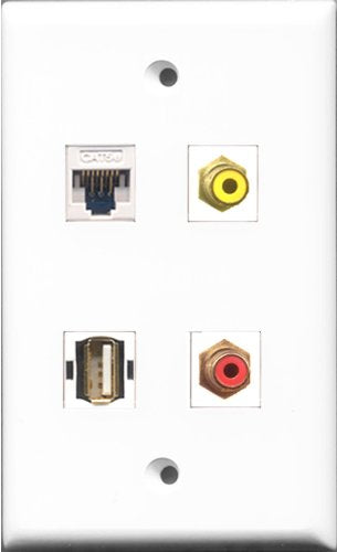 RiteAV 1 Port RCA Red and 1 Port RCA Yellow and 1 Port USB A-A and 1 Port Cat5e Ethernet White Wall Plate