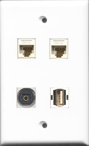 RiteAV 1 Port USB A-A and 1 Port Toslink 2 Port Cat6 Ethernet White Wall Plate