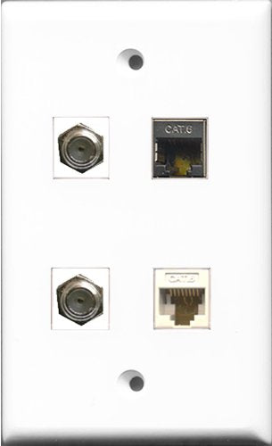 RiteAV - 2 Port Coax Cable TV- F-Type and 1 Port Shielded Cat6 Ethernet and 1 Port Cat6 Ethernet White Wall Plate