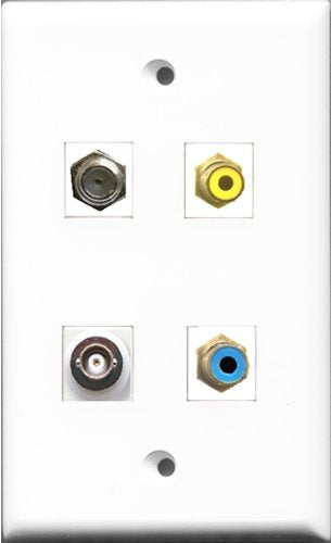 RiteAV 1 Port RCA Yellow and 1 Port RCA Blue and 1 Port Coax Cable TV- F-Type and 1 Port BNC Wall Plate
