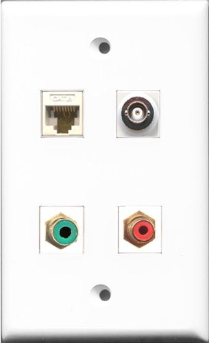 RiteAV 1 Port RCA Red and 1 Port RCA Green and 1 Port BNC and 1 Port Cat6 Ethernet White Wall Plate