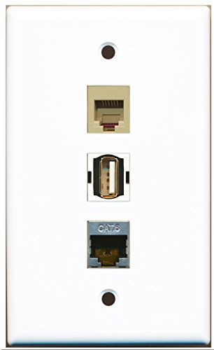 RiteAV - 1 Port USB A-A and 1 Port Phone RJ11 RJ12 Beige and 1 Port Shielded Cat6 Ethernet Wall Plate