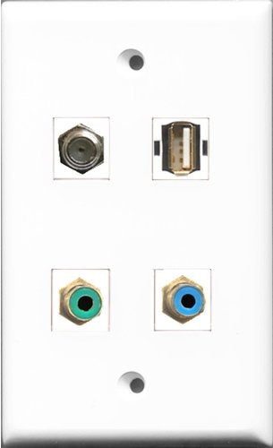 RiteAV 1 Port RCA Green and 1 Port RCA Blue and 1 Port Coax Cable TV- F-Type and 1 Port USB A-A Wall Plate