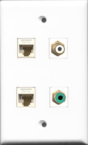 RiteAV 1 Port RCA White and 1 Port RCA Green 2 Port Cat6 Ethernet White Wall Plate