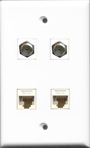 RiteAV - 2 Port Coax Cable TV- F-Type 2 Port Cat6 Ethernet White Wall Plate