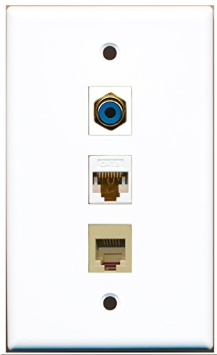RiteAV - 1 Port RCA Blue and 1 Port Phone RJ11 RJ12 Beige and 1 Port Cat6 Ethernet White Wall Plate