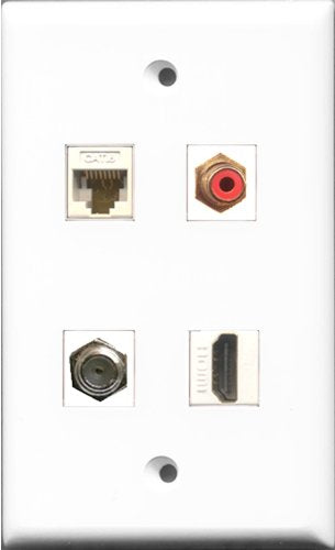 RiteAV 1 Port HDMI and 1 Port RCA Red and 1 Port Coax Cable TV- F-Type and 1 Port Cat6 Ethernet White Wall Plate