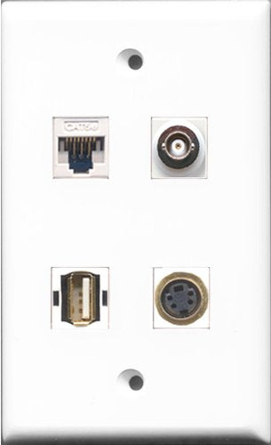RiteAV - 1 Port USB A-A and 1 Port S-Video and 1 Port BNC and 1 Port Cat5e Ethernet White Wall Plate