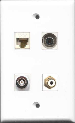 RiteAV 1 Port RCA White and 1 Port 3.5mm and 1 Port BNC and 1 Port Cat6 Ethernet White Wall Plate