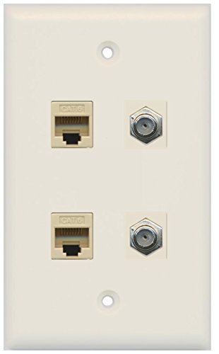 RiteAV - 2 Port Coax Cable TV- F-Type 2 Port Cat6 Ethernet Wall Plate - Light Almond
