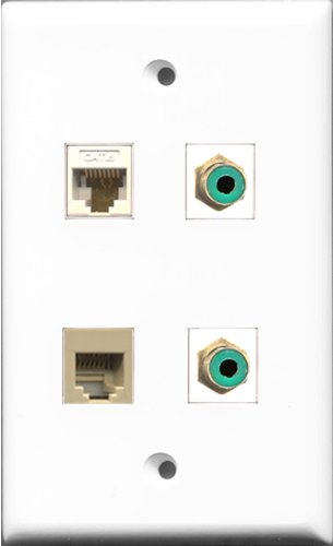RiteAV - 2 Port RCA Green and 1 Port Phone RJ11 RJ12 Beige and 1 Port Cat6 Ethernet White Wall Plate